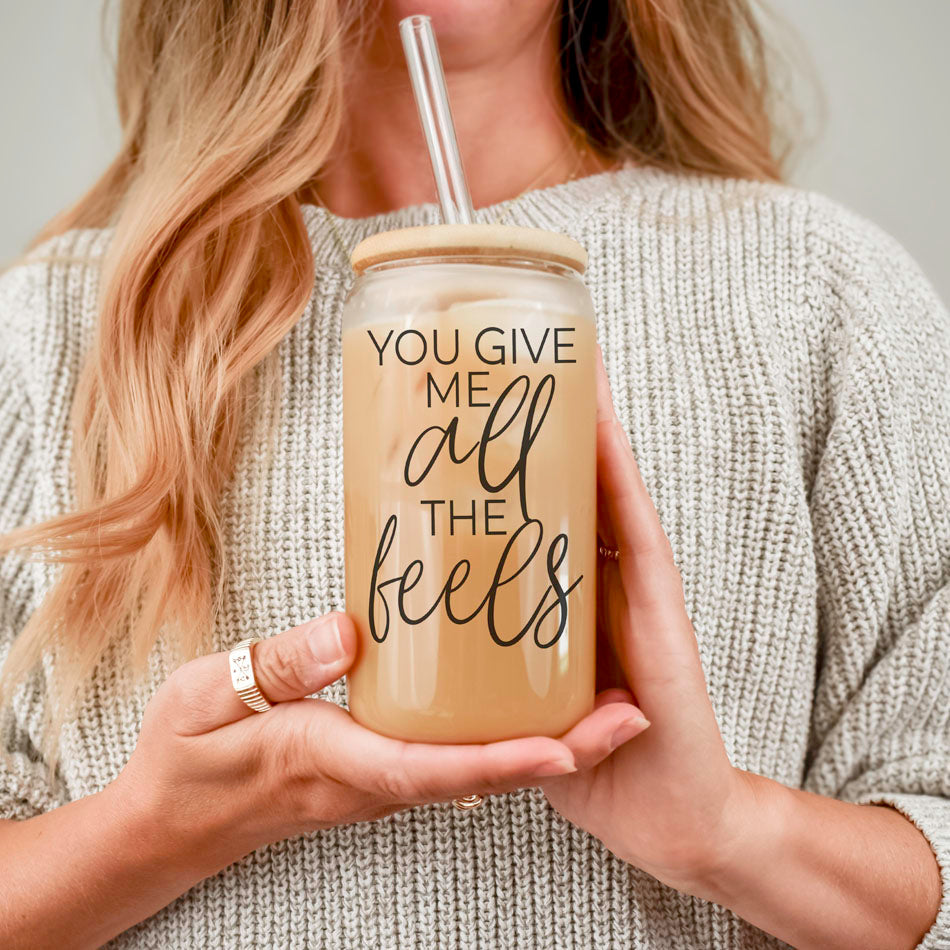 20oz glass cup with bamboo lid, You Give Me All the Feels for Valentine's Day.
Funny 20oz glass cup with bamboo lid, You Give Me All the Feels gift.
You Give Me All the Feels glass cup with bamboo lid, perfect Valentineās gift.